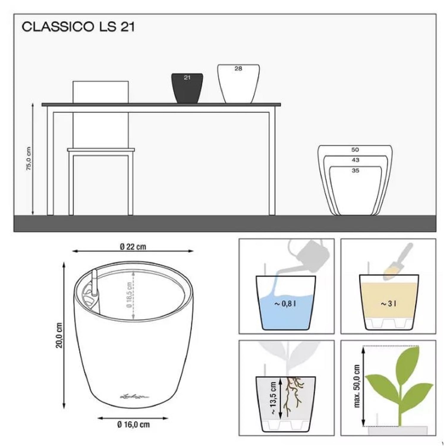 LECHUZA-Pflanzgefäß Classico Color LS schiefergrau mit Bewässerungssystem |Ø 22 × 20 cm|14261