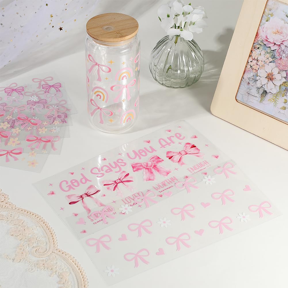 SOFPLATE 8 Sheets 8 Styles Glass Cup Sticker Wrap Waterproof Pink Bow Decals Heart Flower Rainbow Bowknot Pattern UV DTF Cup Wraps Stickers for Water Bottles Glass Creative Gifts Wood Decoration - Image 3