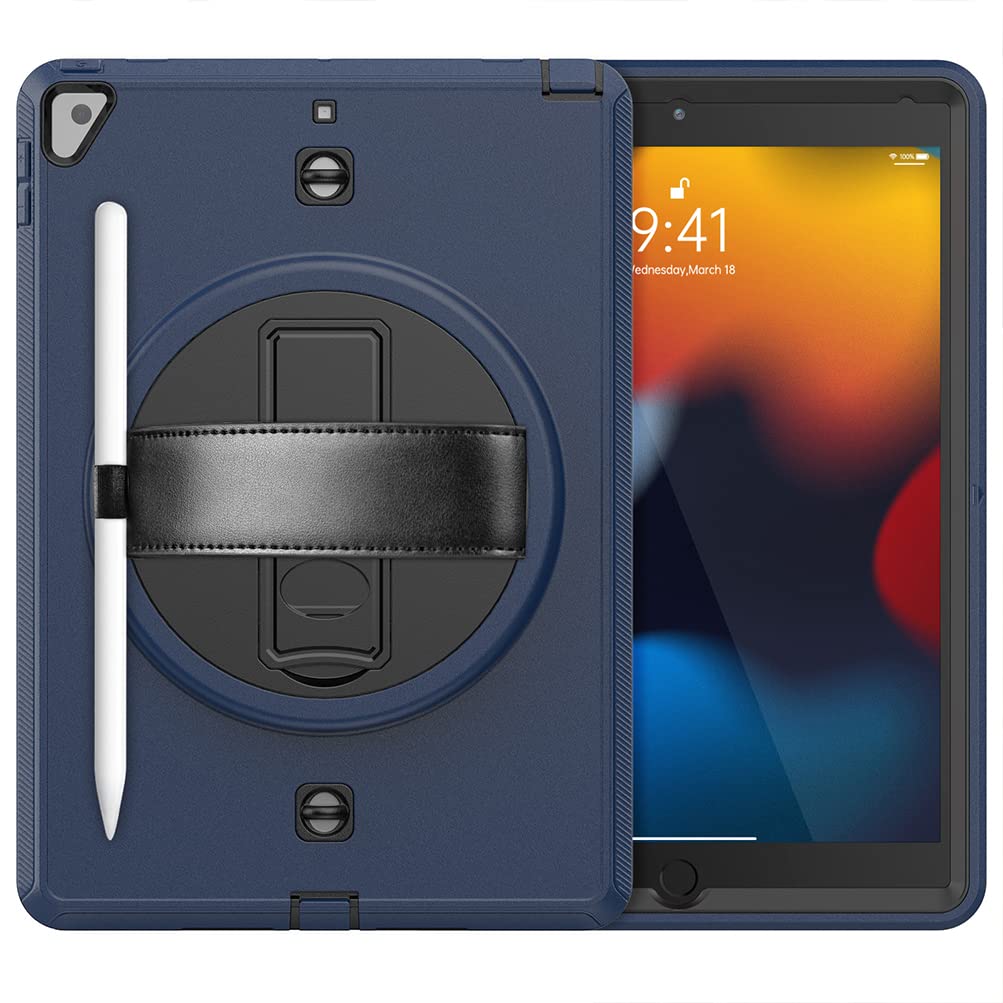 Case for iPad 7/8/9 Gen (2019/2020/2021) 10.2 inch and Air 3 Gen (2019) 10.5 inch Rotating 360° Stand Case with Hand and Shoulder Strap, Black + Navy
