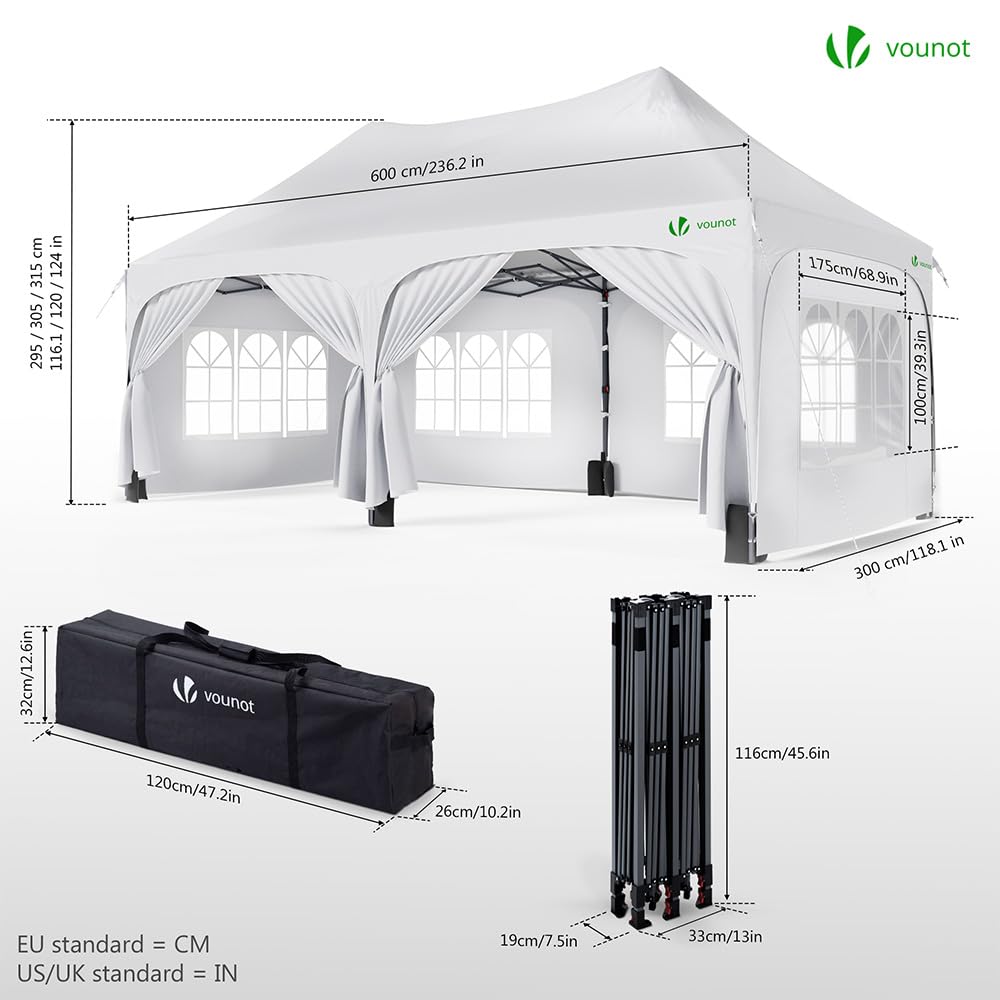 VOUNOT® Tonnelle de Jardin Extérieur 3x6m Barnum Pliant avec 6 Parois Amovibles et 6 Sacs de Sable Tente de Reception Imperméable et Anti-UV pour Camping Festival Mariage Sac de Transport Inclus Blanc