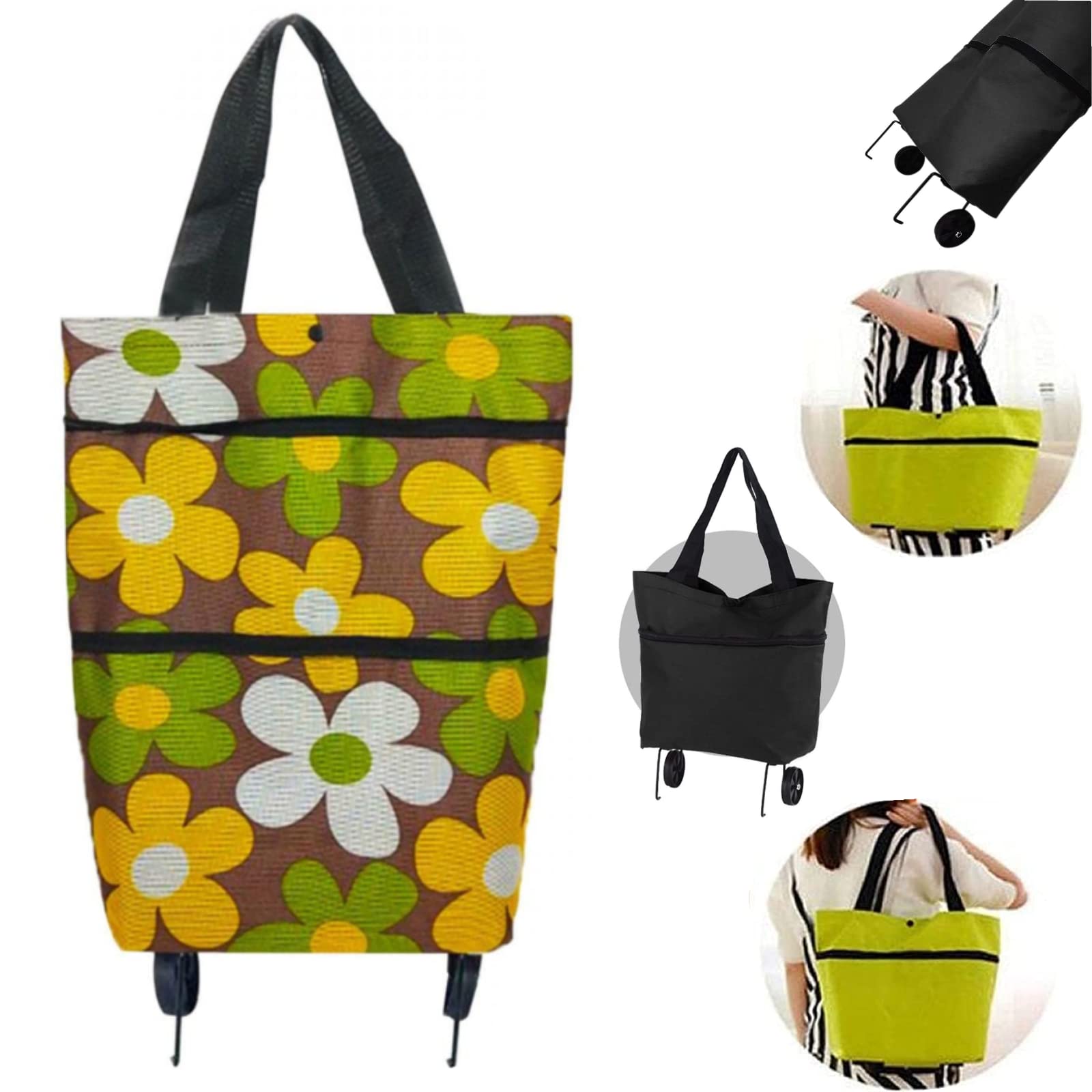 Foldable Shopping Trolley Tote Bag,Large-Capacity Shopping Bag with Wheels Portable Shopping Cart Reusable Portable Grocery Bag,Women Shopper Bag for Vegetable and Fruit (Brown Flower)