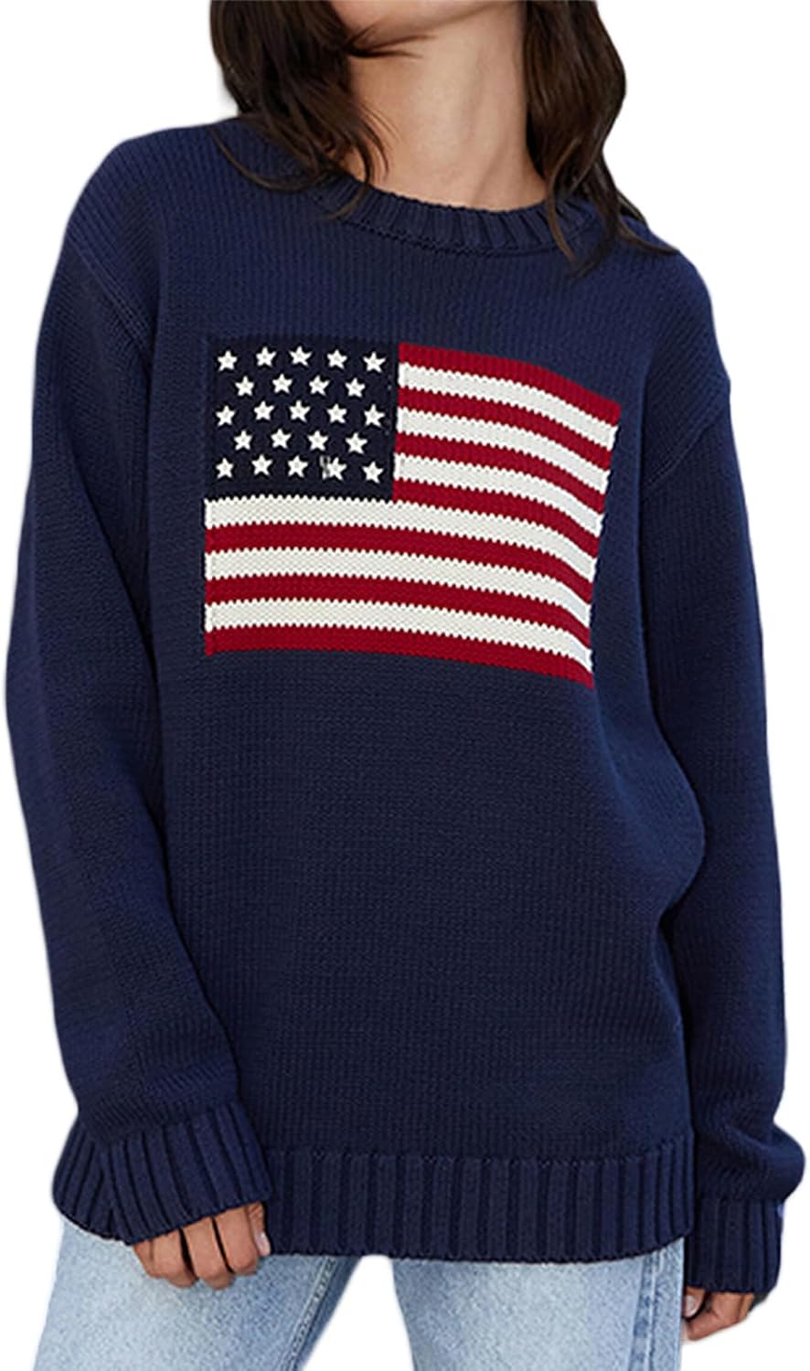 Women American Flag Sweater Long Sleeve Crew Neck Loose Fit Knit Pullover Tops USA Casual Loose Pullover Sweater