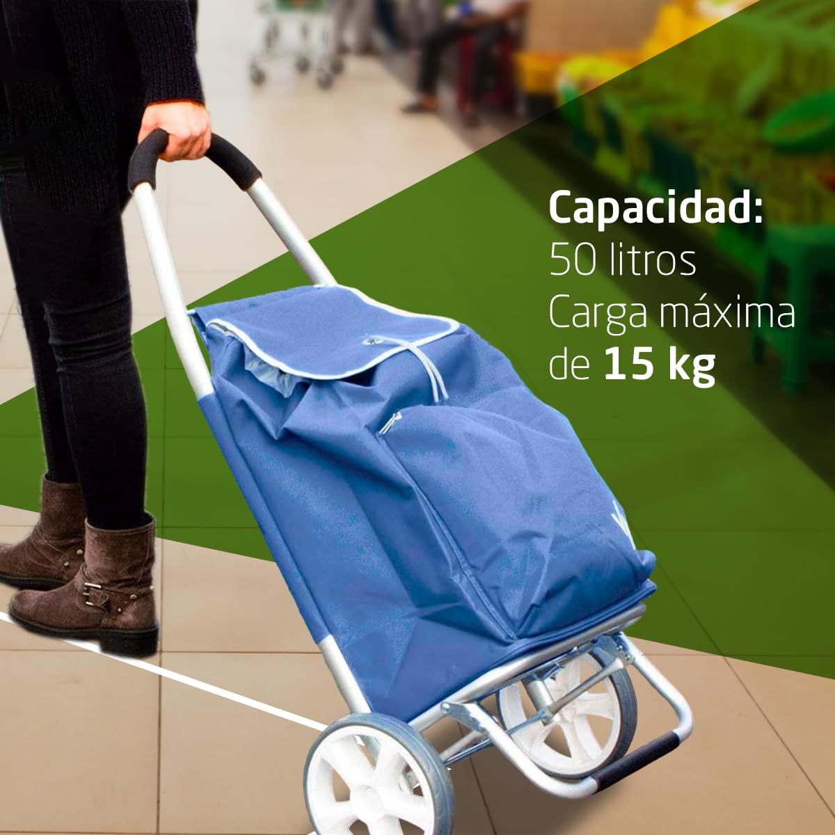 Amig - Carro de la Compra de 2 Ruedas - Bolsa Ajustable - Aluminio Ligero - Carga Máxima 15kg - Capacidad de 50 L - Medidas: 95 x 45,5 x 12 cm - Color: Azul