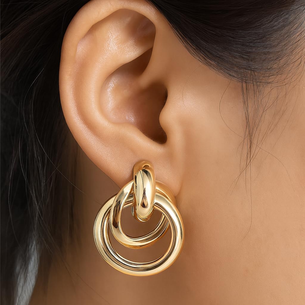 14K Gold Knot Link Clip On Earrings for Women, Chunky Statement Drop Dangle Clips Earrings Hypoallergenic for Non Pierced Ears Jewelry Gifts - Image 2