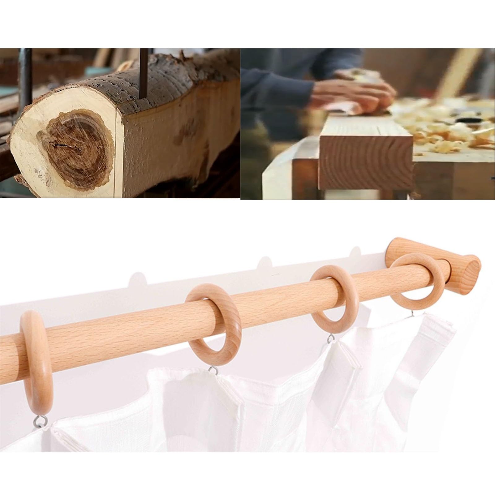 Tringle à rideaux romaine en bois massif naturel de 29 mm de diamètre, résistante à l'humidité et sans odeur, 240 cm, tringle simple pour un traitement élégant de fenêtre