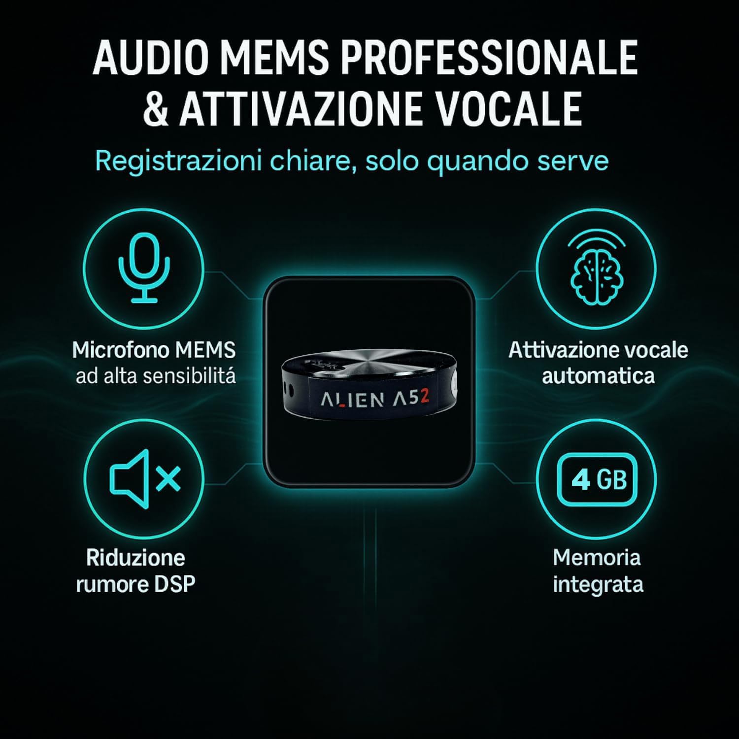 Grabadora de voz con micrófono MEMS 4 GB para reuniones, conferencias, notas de voz, profesional, procesador de reducción del ruido y activación por voz (Alien A52)