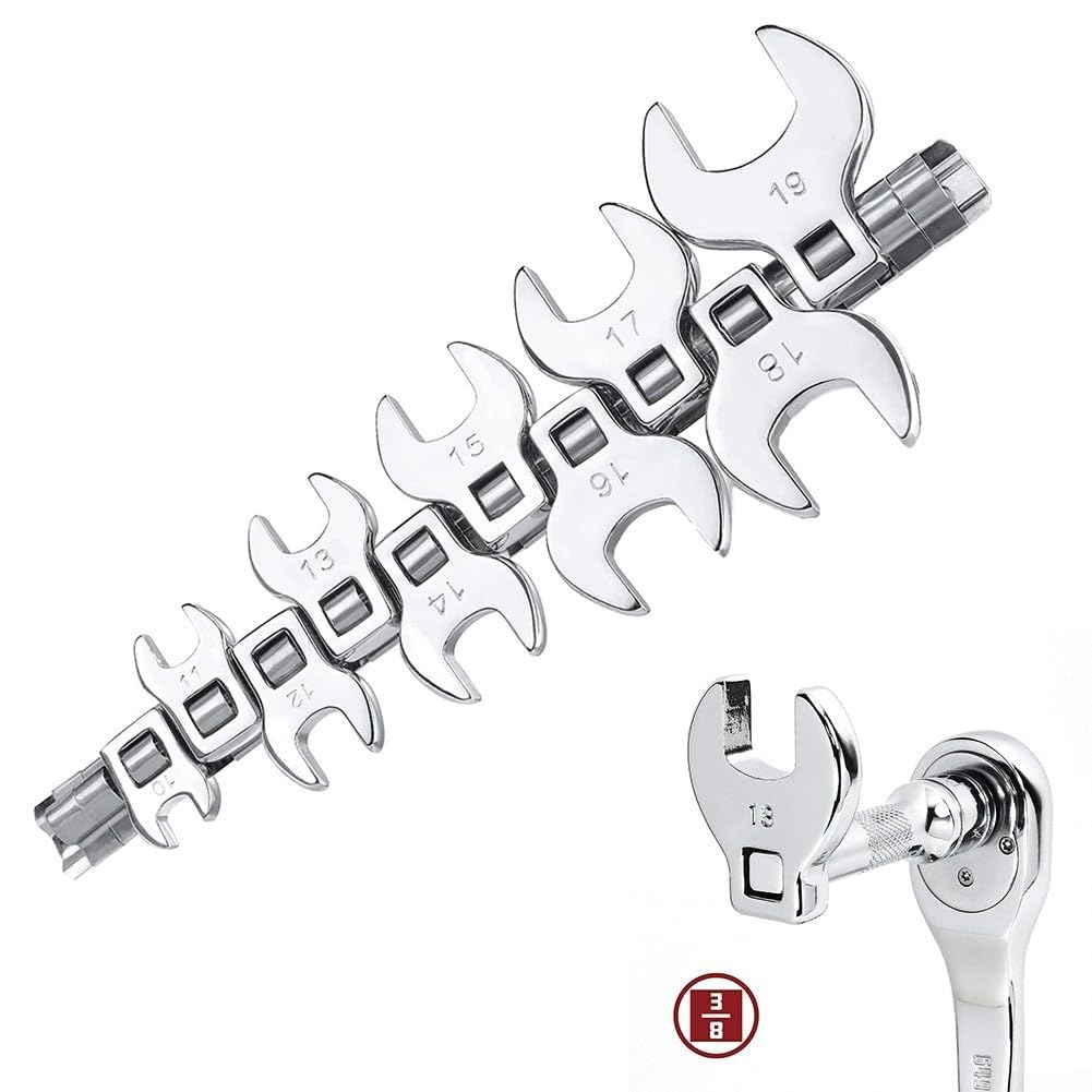 Zestaw 10 kluczy płasko-oczkowych Crowfoot, napęd 3/8 cala, metryczny, mm-19 mm, uniwersalny zestaw narzędzi do napraw samochodowych i mechanicznych, srebrny, trudno dostępnych elementów złącznych