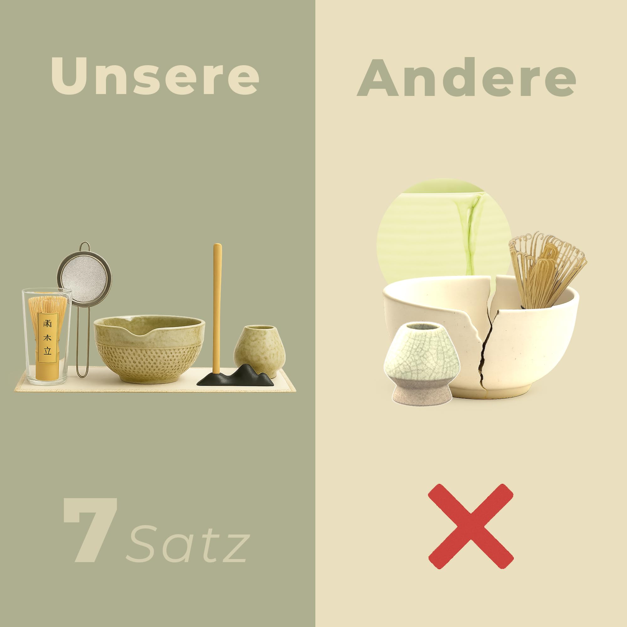 Matcha Set 7-teilig – Premium Tee Set mit Keramik Matcha Schale, Bambus Schneebesen (Chasen), Sieb & Löffel – Japanisches Matcha Zubehör Geschenkset (Green)
