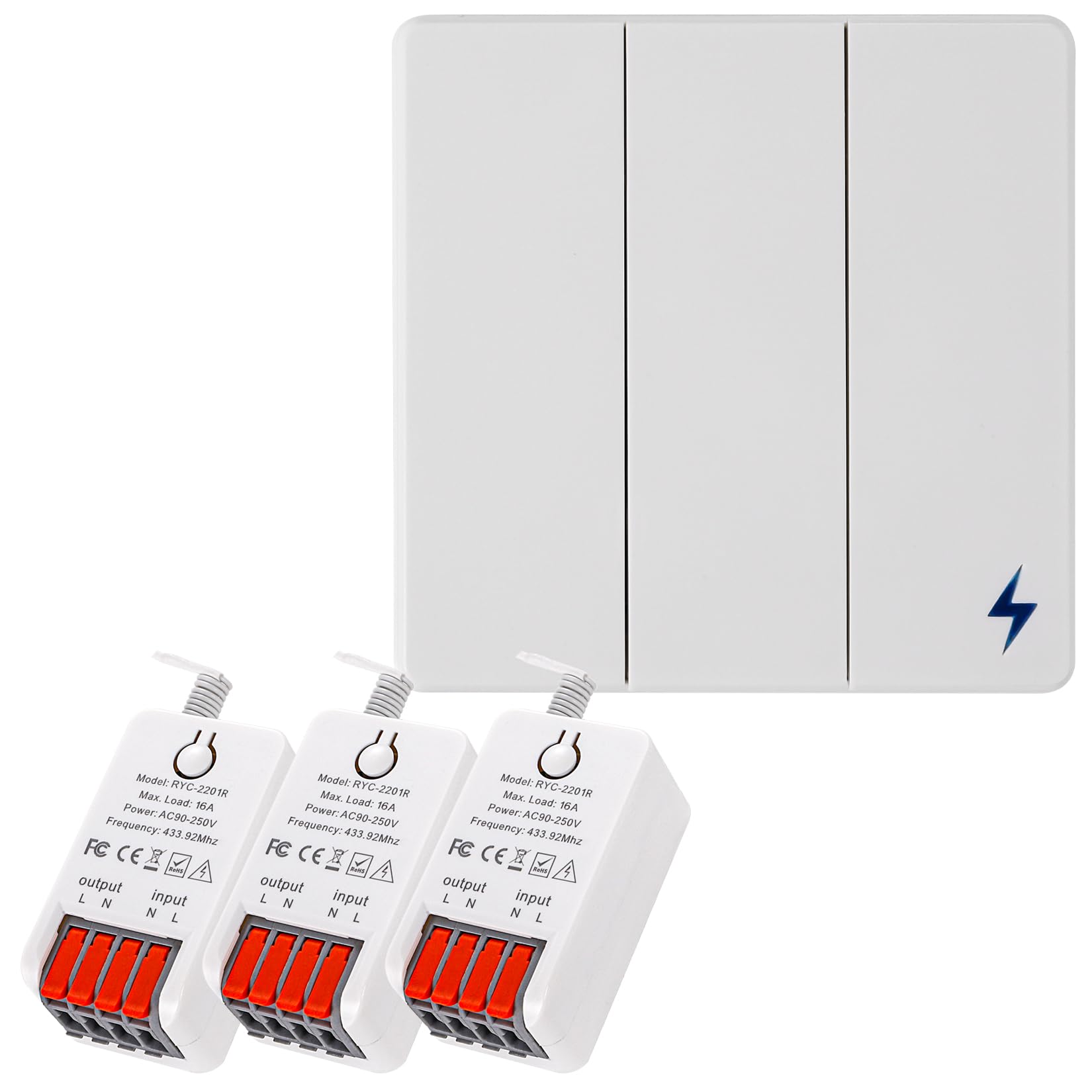 Wireless Light Switch, 86 Type No Wiring DIY Light Switch Kit with 16A Receiver, AC 90-250V Long Range Remote Control Light Switch for Home/Garage (1 Switch 3 Receiver)