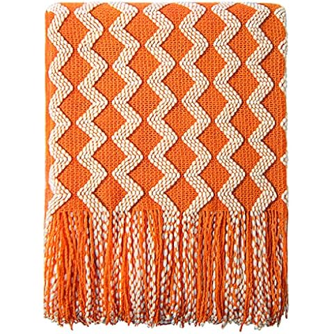NTBAY Acrylic Knitted Throw Blanket, Lightweight and Soft Cozy Decorative Woven Blanket with Tassels for Travel, Couch, Bed, Sofa, 51x67 Inches, Orange and White Wave Cover