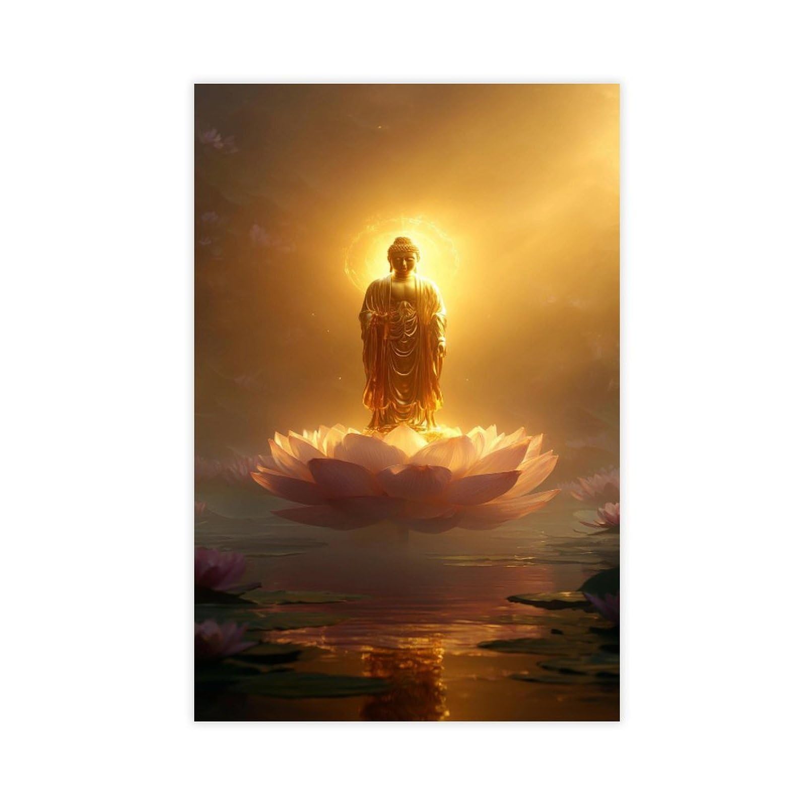 Qnvjqkdsi Unframe Illuminated Buddha Statue On Lotus Flower, Golden Meditation Canvas Poster Bedroom Decor Landscape Office Room Decor Gift 12" L X 18" W