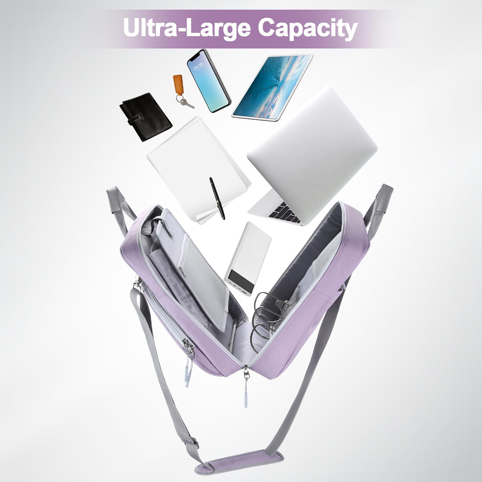 Raccoglitore con cerniera a D da 10,2 cm, con cinghia, capacità 800 fogli, organizer multitasche per scuola e ufficio, compatibile con MacBook da 13 pollici (design brevettato, viola)