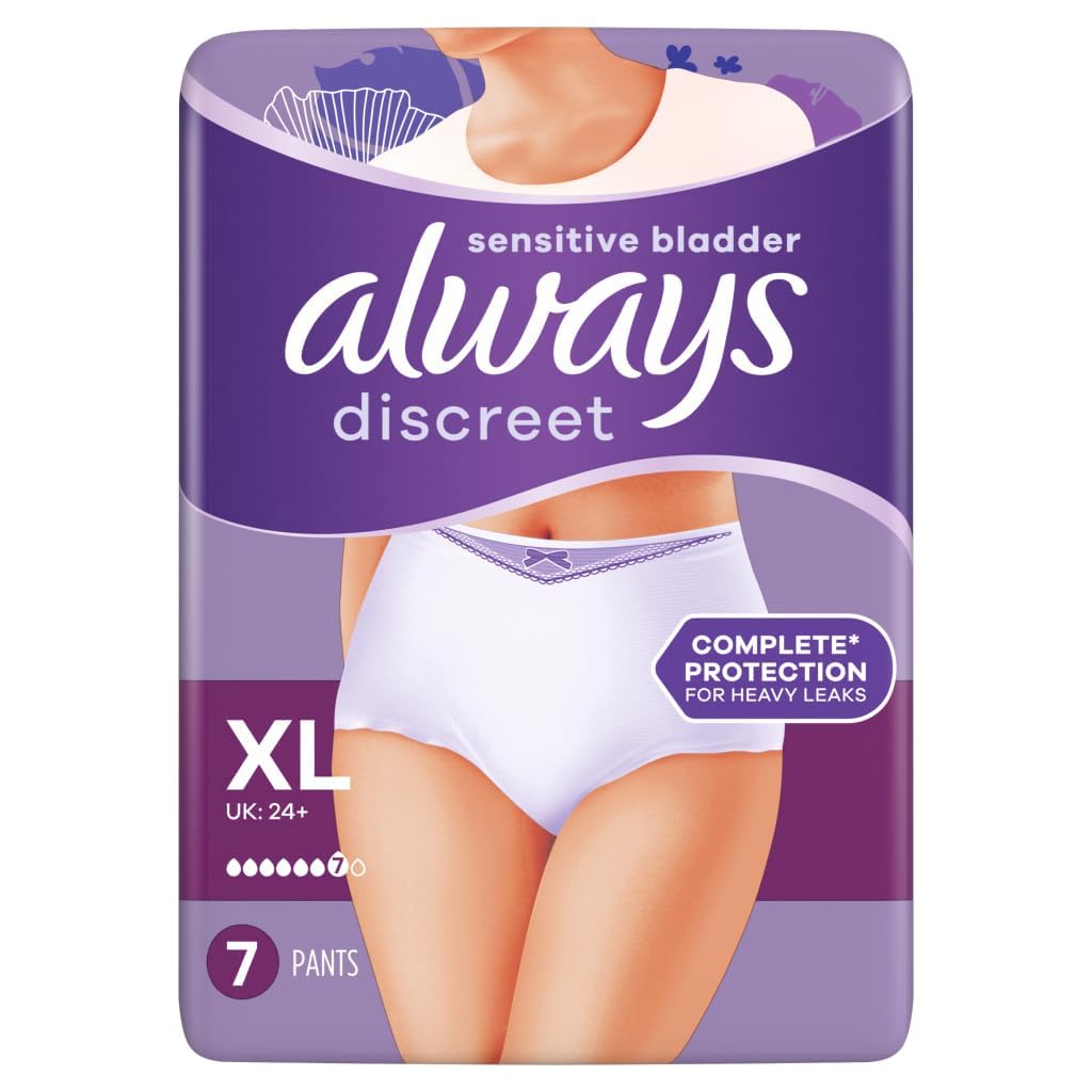 Always Discreet Majtki dla kobiet z nietrzymaniem moczu, plus XL, 7 sztuk, natychmiast wchłaniają zapachy i płyny