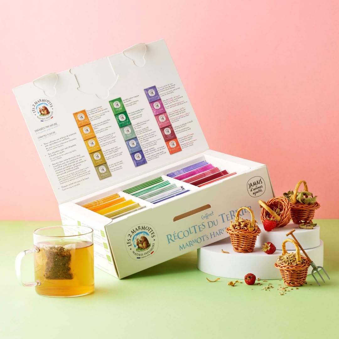 Les 2 Marmottes - Grand Coffret Récoltes du Terrier 90 Sachets - 12 Infusions 3 Thés - Idéal En Cadeau - Bien-Être Et Relaxation - Made In France - Sans arômes ajoutés - 134g
