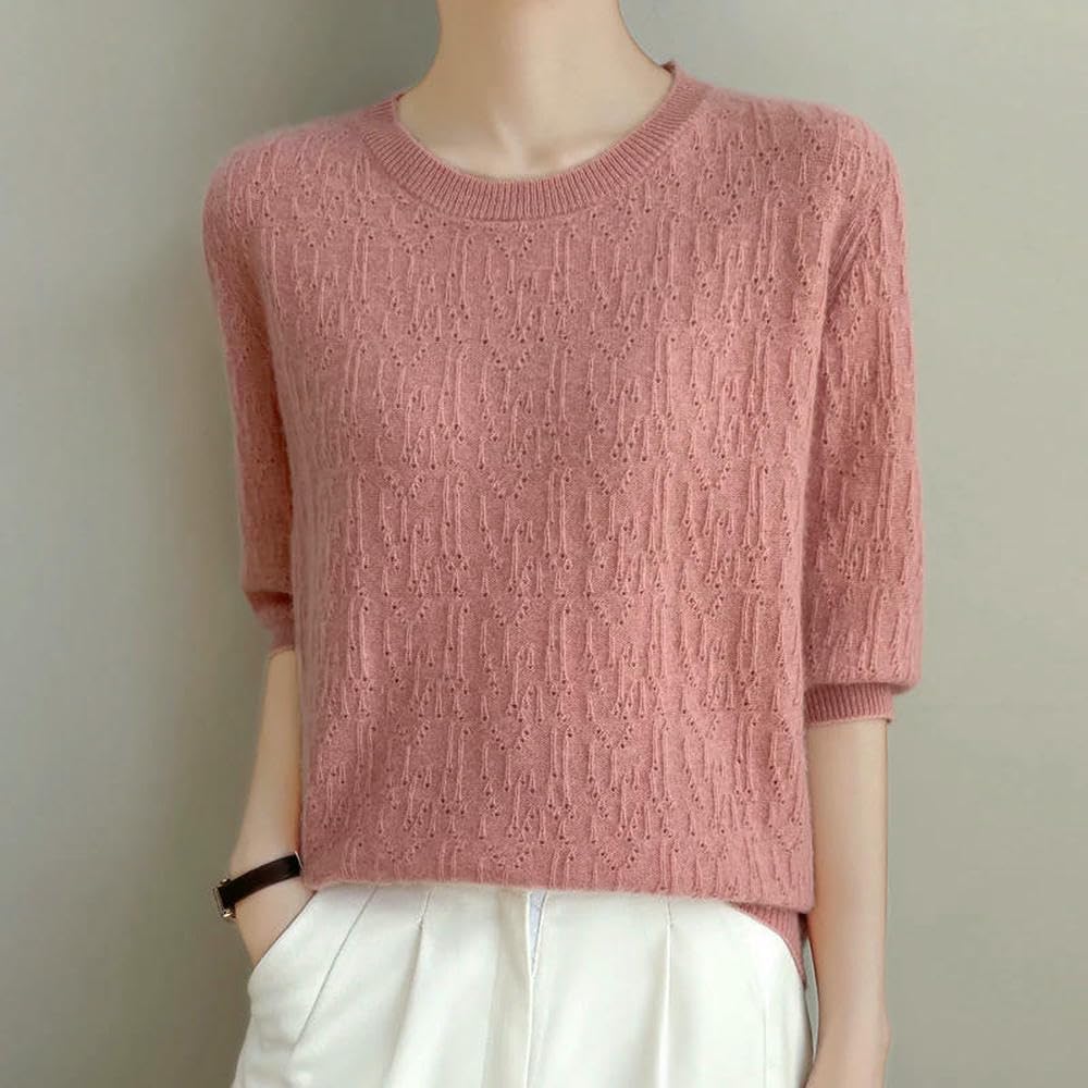 Magliette Primaverili da Donna, Maniche Corte lavorate a Maglia, Traforate, Top Estivi per Il Tempo Libero, Pullover con Scollo a V, Tinta Unita