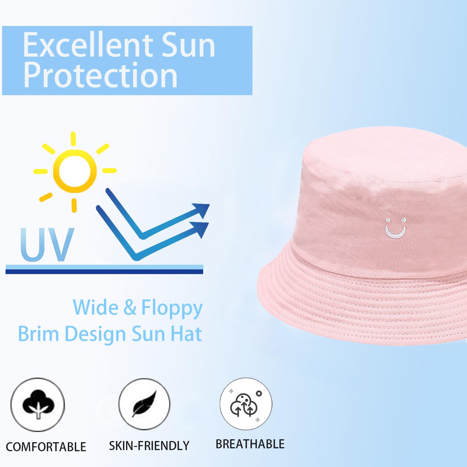Kids Sun Hat Smile Face Toddler Bucket Hat for Boys Girls Summer Sun Protection Cotton Beach Hat