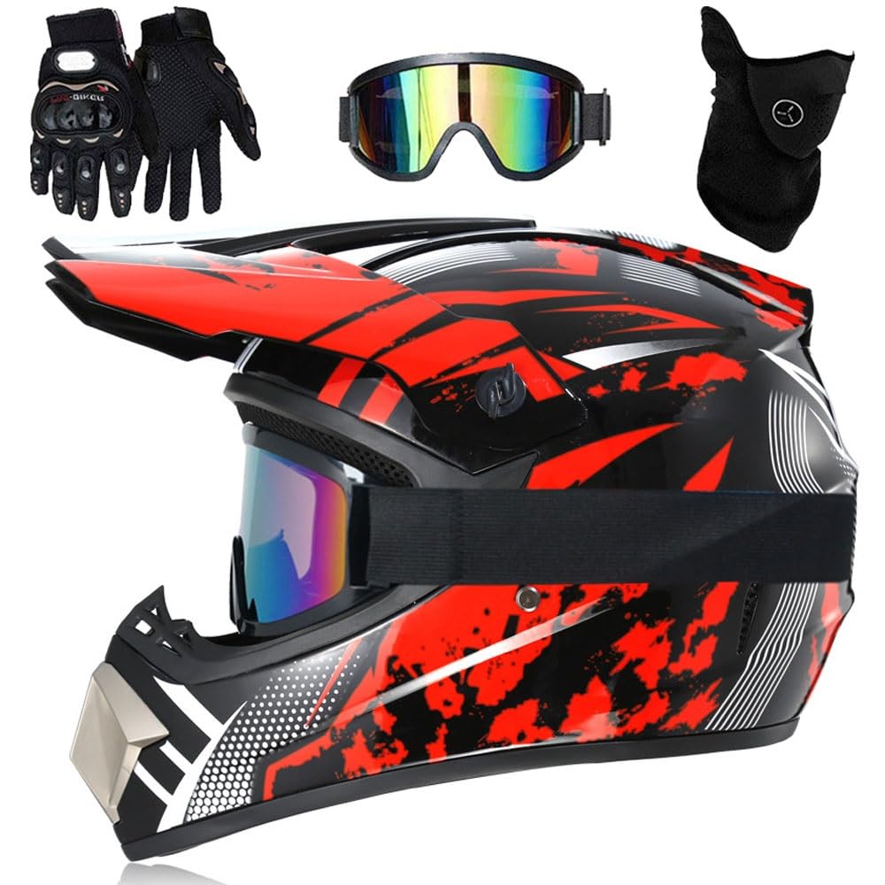Casque IntéGral VTT/Cross, Casque de Moto Tout-Terrain DOT Pour Jeunes Enfants, Avec Lunettes, Gants Et Masque, Casque de Descente, Bmx, Quad, Dirt Bike(Dark red,M(54-55cm))