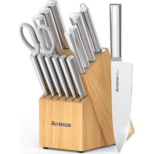 Astercook Knife Set, 15 Pieces Chef Knife Set with Block for Kitchen, German Stainless Steel Knife Block Set, Dishwasher Safe, Best Gift