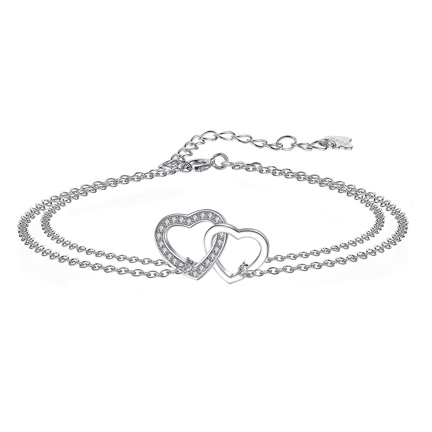 ArrebolHeart Bracelet Women's 925 Sterling Silver Double Love Heart Bracelets with Cubic Zirconia Adjustable Charm Bracelet 16 + 3 cm