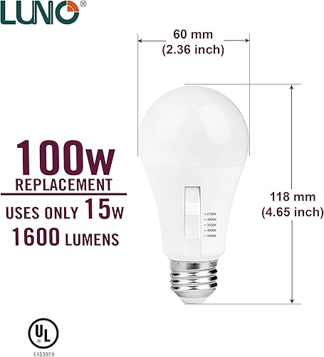 Miniatura 8 de LUNO Bombilla LED regulable A19, 9 W (equivalente a 60 W), 800 lúmenes, color seleccionable, 2700K, 3000K, 3500K, 4000K, 5000K, 5CCT, certificación