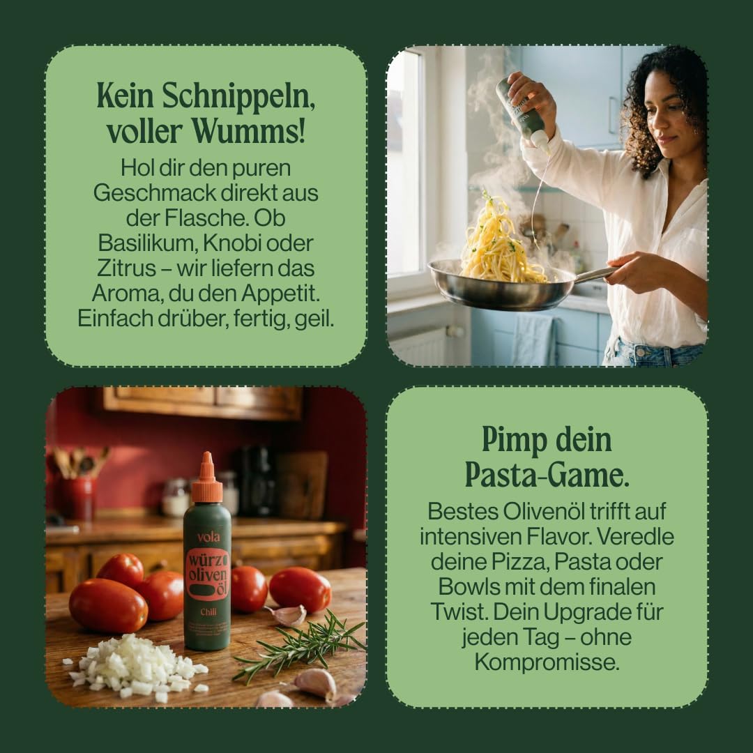 Vola Würzöl-Bundle, 5 Sorten in der praktischen Quetschflasche - Chili, Knoblauch, Basilikum, Zitrus & Trüffel, Kaltgepresstes Olivenöl, 100% Natürlich, Vegan, Ohne künstliche Zusätze, aus Sizilien