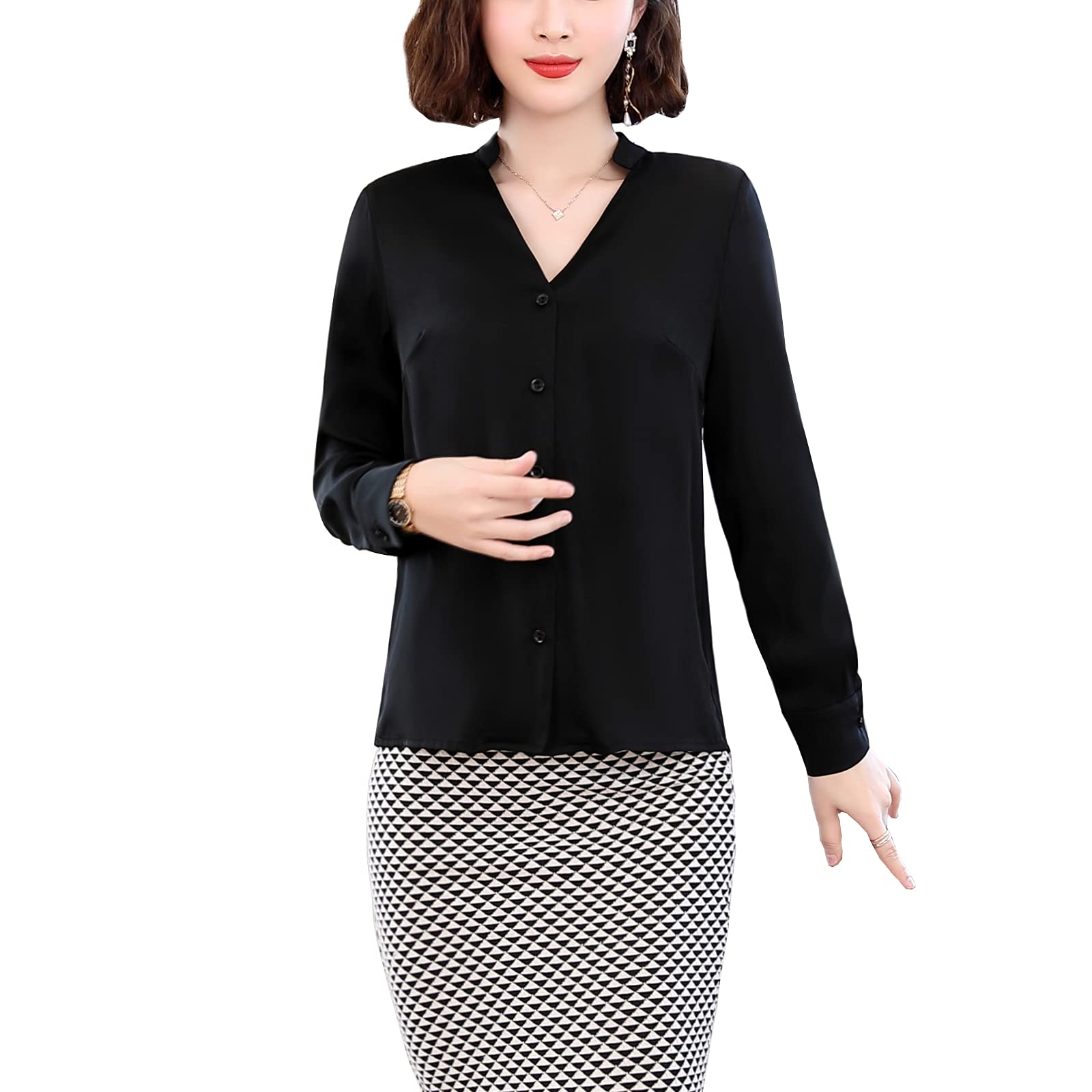 Valin Blusa de seda para mujer Camisa Sólido Botón Abajo Camisas Blusa de Manga Larga Cuello en V Blusa de Seda,S1902