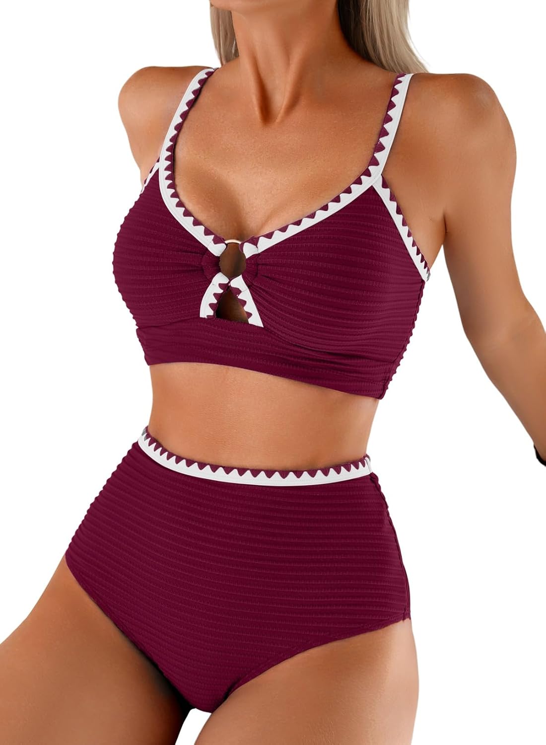 Herseas Women's Textured Bikini Sets O Ring Swimsuits Whip Stitch High Waisted Bathing Suits 2026 Summer Beach Wear