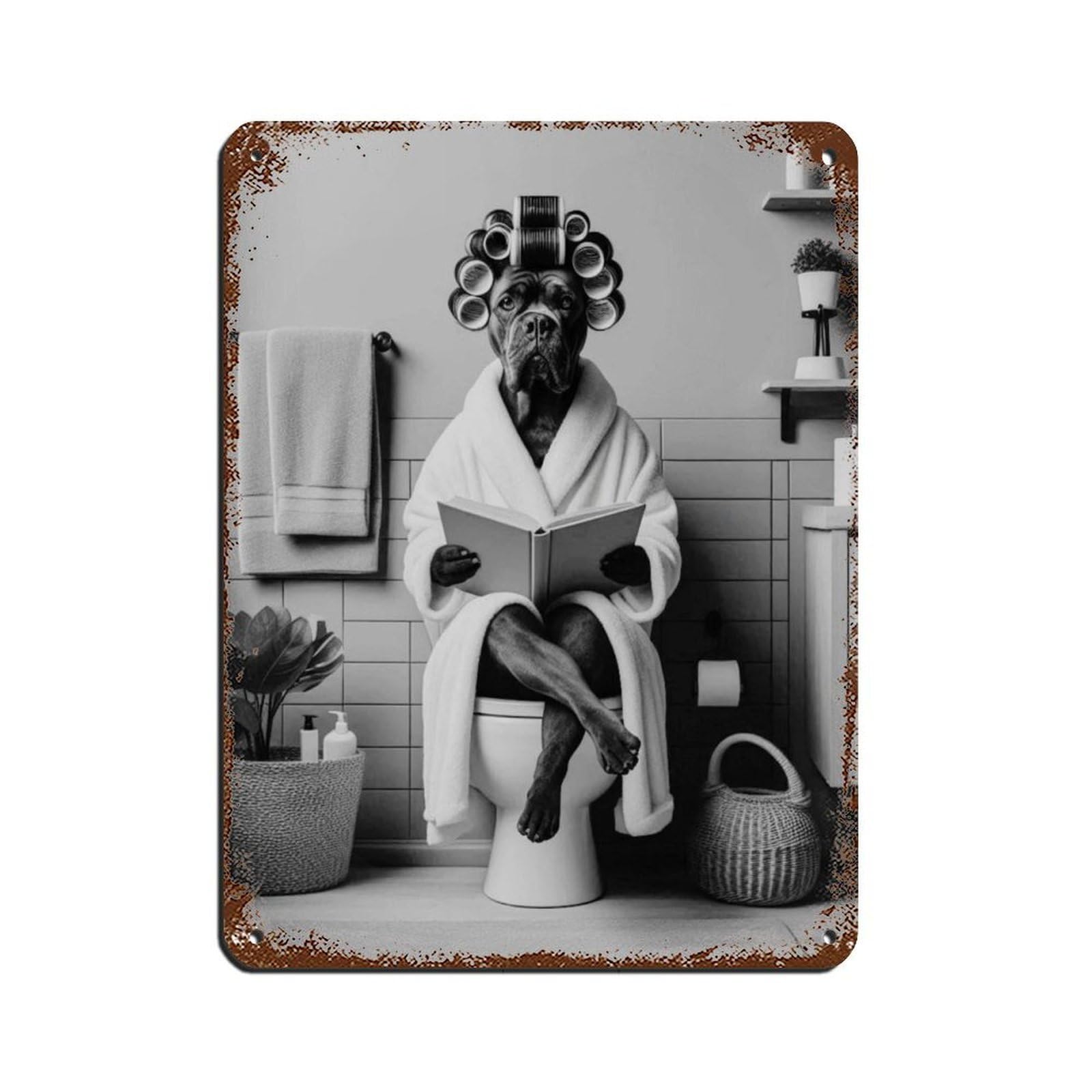 Cane Corso on Toilet Reading Book Retro Poster Metal Tin Sign Chic Art Retro Iron Painting Bar People Cave Cafe Family Garage Poster Wall Decoration 12x16inch(30x40cm)