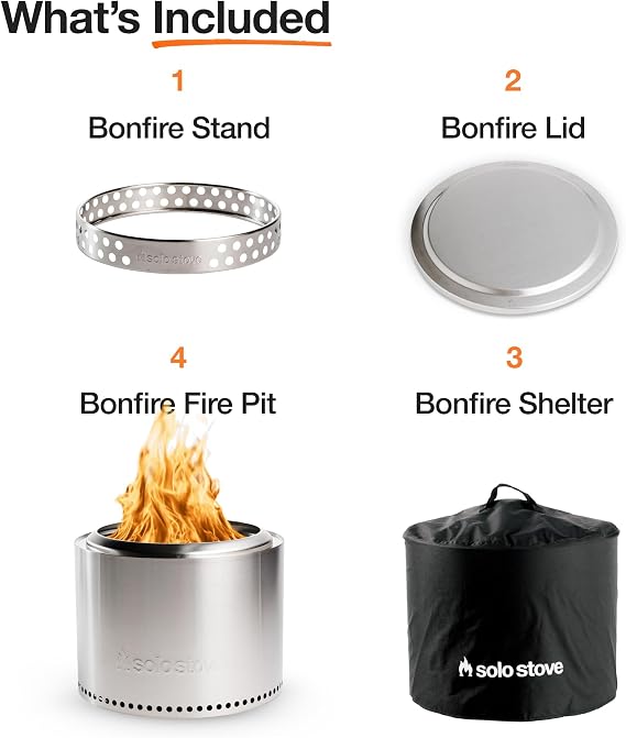 Solo Stove Bonfire | Smokeless Fire Pit Bundle with Stand, Lid, Shelter & Ash Pan | Ideal for 46 People | Stainless Steel Wood Burning Camping Pit 19.5 Wide, 34lbs