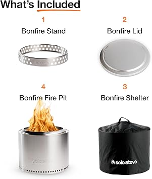 Solo Stove Bonfire | Smokeless Fire Pit Bundle with Stand, Lid, Shelter & Ash Pan | Ideal for 46 People | Stainless Steel Wood Burning Camping Pit 19.5 Wide, 34lbs