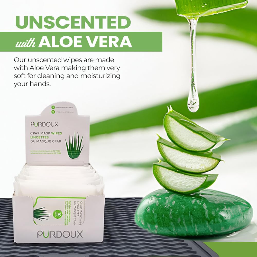 PÜRDOUX CPAP Maske Wipes, Aloe Vera (Box von insgesamt 120 Feuchttüchern in 12 wiederverschließbaren Beuteln, 10 Wischtücher pro Beutel)
