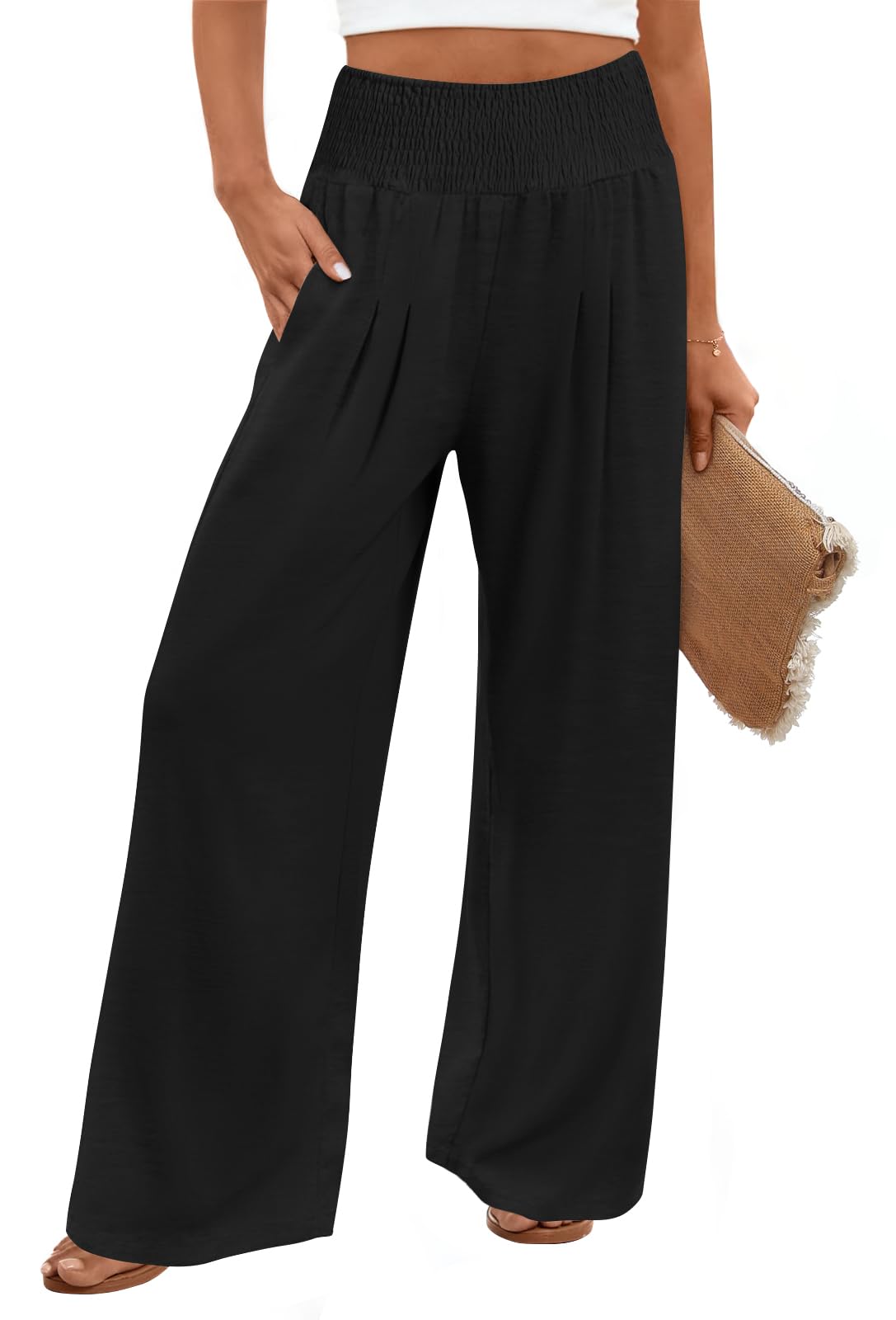 Womens Wide Leg Pants Palazzo Casual Flowy Elastic Waist Pant Dressy Long Lounge with Pockets