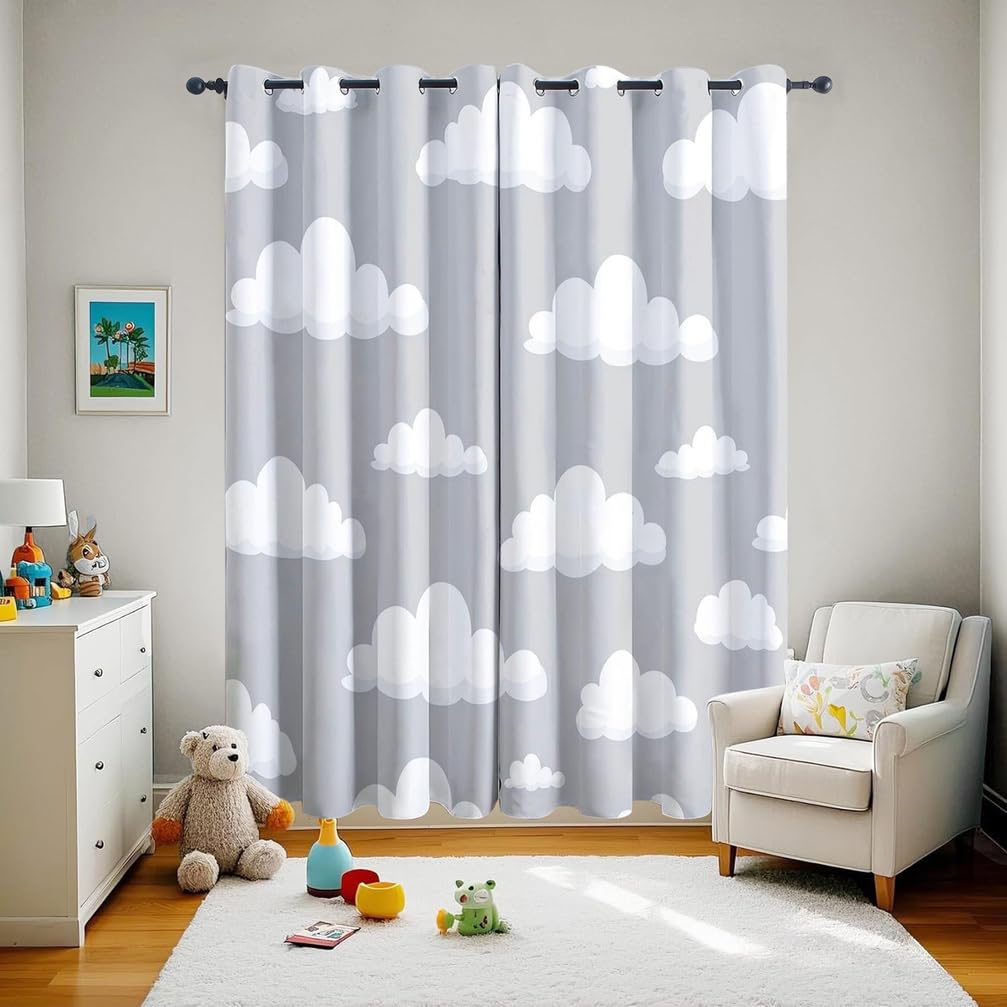 Rideau Occultant Gris Clair, Rideaux Nuages Chambre d'enfant, Rideau Thermique Anti Froid pour Salon Chambre Decoration, Lot De 2 Draperies,A,140x280H cm (2 Panels)