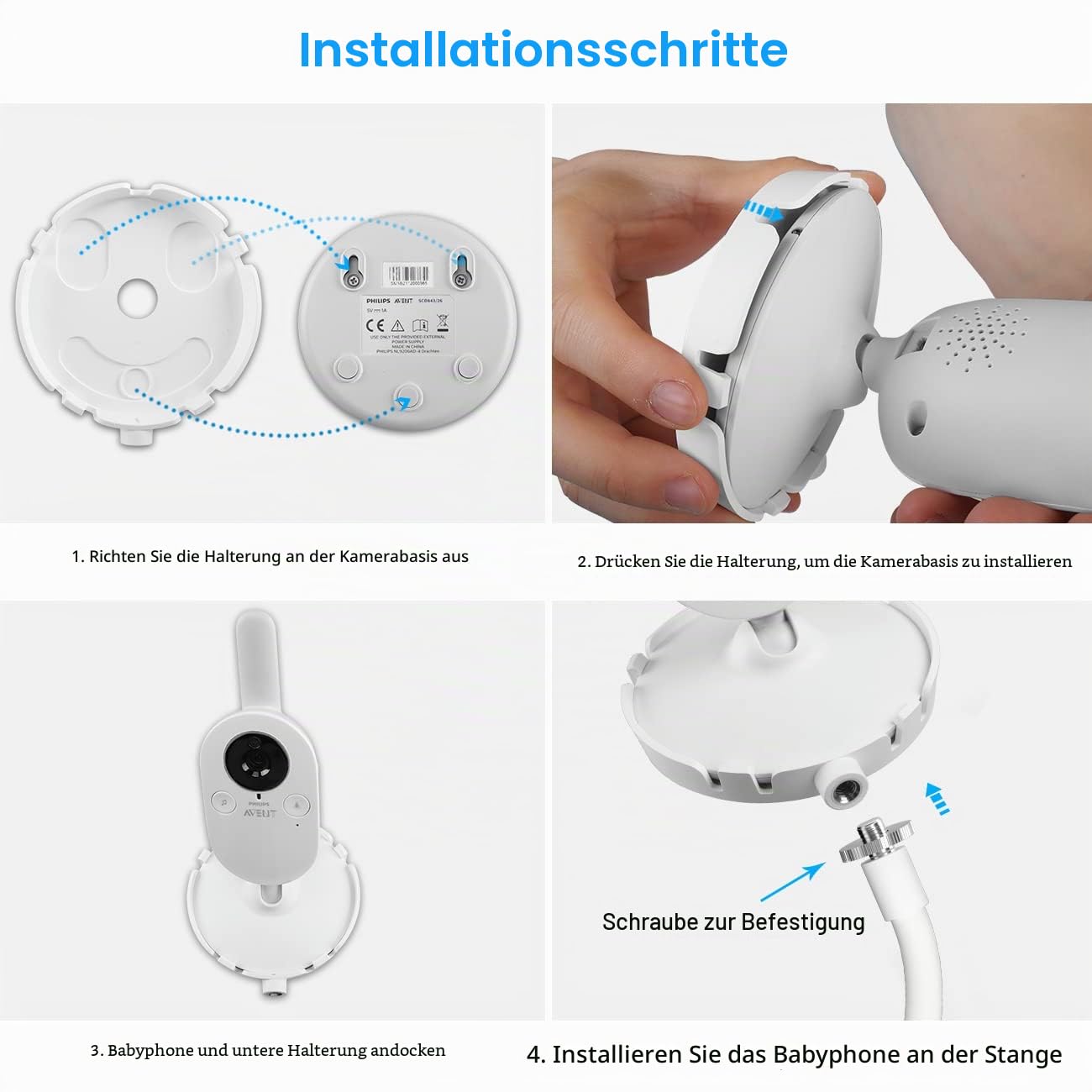 HOLACA Babyphone Clip-Halterung für Philips Avent Video Babyphone mit Kamera SCD833/26, SCD843/26, SCD843/01, SCD630/26, SCD845/26 - Vielseitiges Montageset für Philips Babyphone Weiß