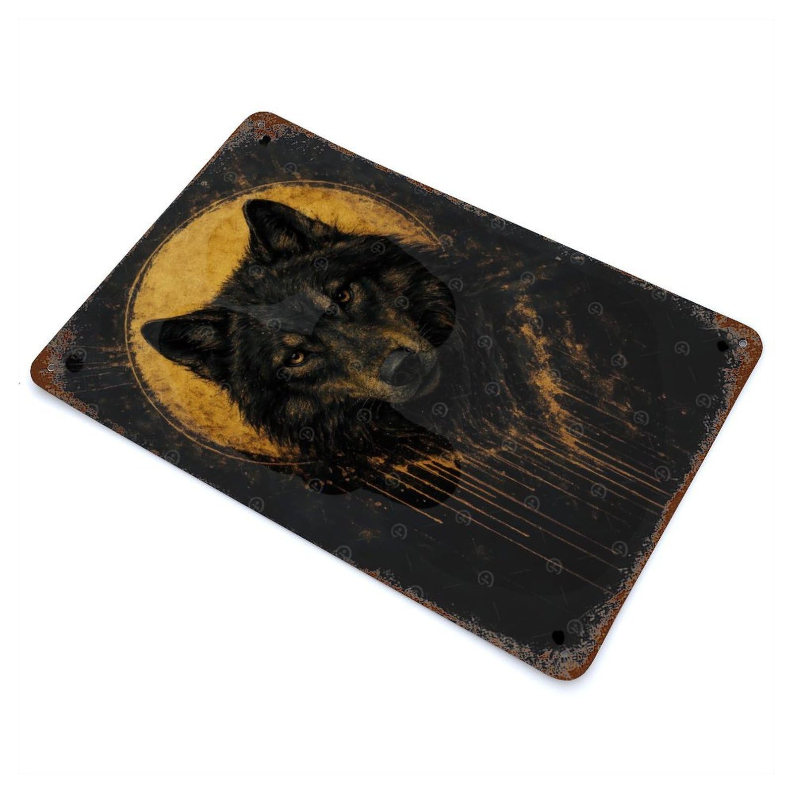 Wolf Portrait with Golden Halo Rusty Metal Tin Sign 11.8"x7.9", Ideal for Farmhouse, Kitchen And Entryway Decor
