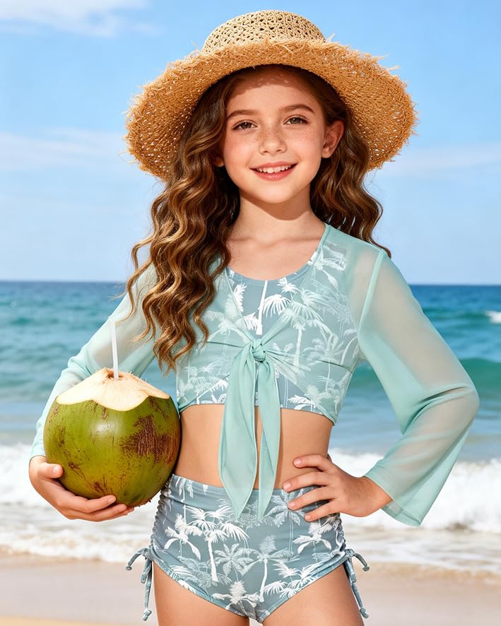 Image of GRACE KARIN Girls Bathing Suit Adjustable Taniki Swimsuit Tie Front 4 Piece Bikini Set with Kimono Cover Up 6-14