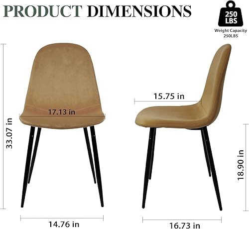 Miniatura 2 de CangLong Sillas de comedor de terciopelo modernas con patas de metal para sala, dormitorio, restaurante, comedor, juego de 2, amarillo tierra