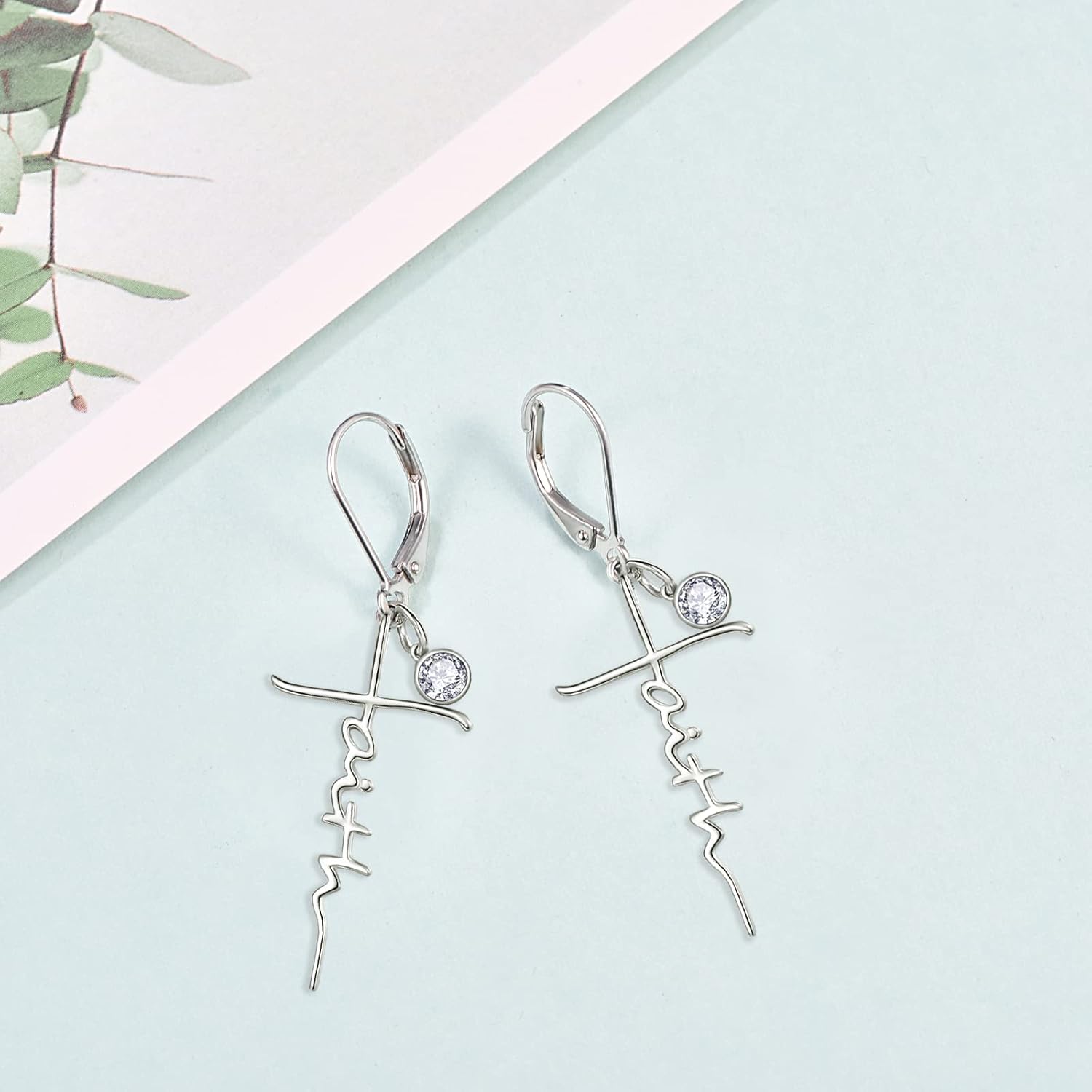 PRAYMOS Faith Cross Earrings for Women Dangle 925 Sterling Silver Hypoallergenic Birhstone Earrings Christian Religious Confirmation Baptism Gifts