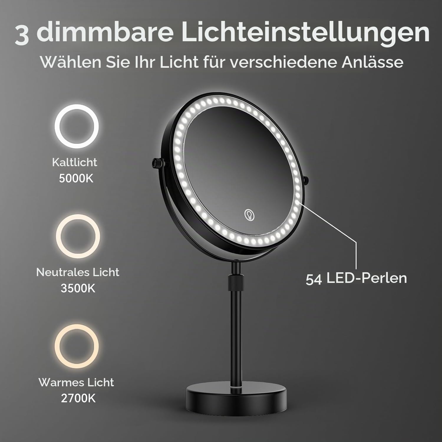 Nicesail Tischspiegel Höhenverstellbar Schwarz Schminkspiegel mit Beleuchtung Wiederaufladbar Kosmetikspiegel mit Vergrößerung 5X,Durchmesser 20cm