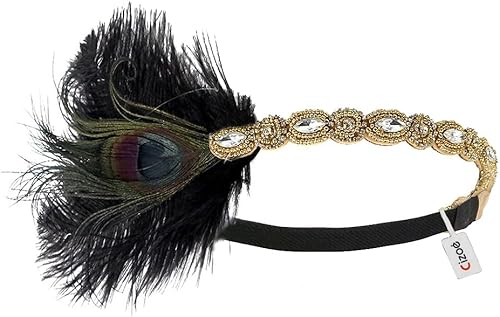 Cizoe Diadema de plumas Gatsby Flapper de los años 20, accesorios de los años 20, tocado rugido de los años 20 con plumas de pavo real