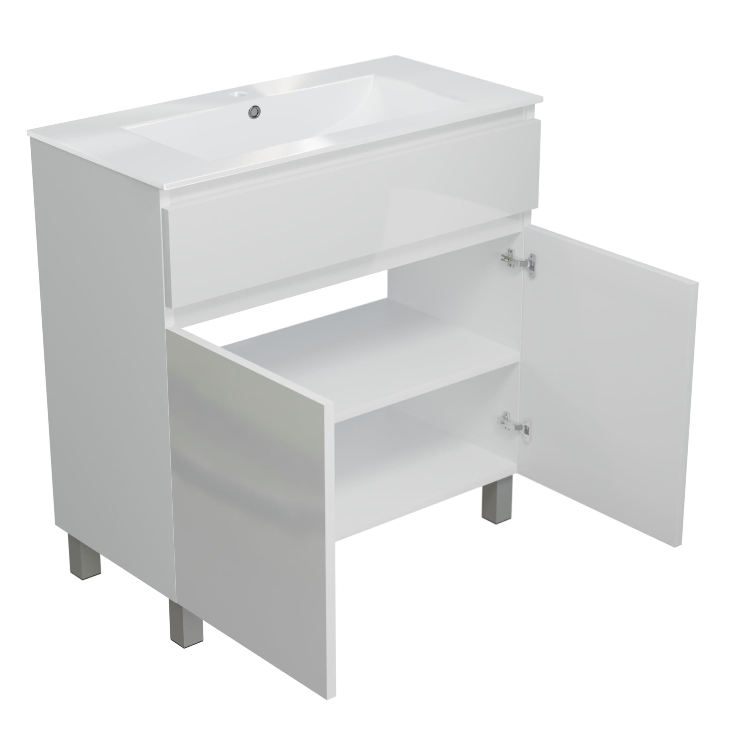 Lavabo ARIZA con mobile largo 80 cm, Lavabo con mobile a 2 ante, Set di mobili da bagno - Bianco opaco/Fronte bianco brillante