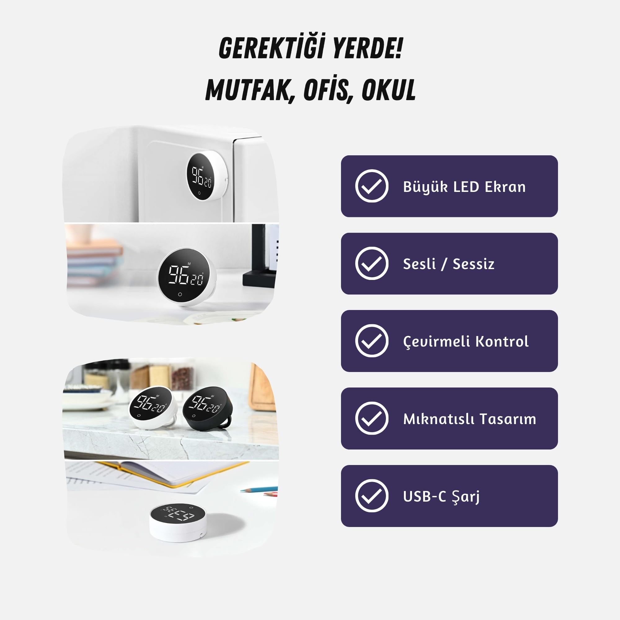 GWORKE RT-1 Mıknatıslı Rotary Zamanlayıcı 0-199 İleri Geri Sayım Kronometre, Ayaklı Stand, LED Ekran, USB-C Şarjlı, Pomodoro & Mutfak Timer (Beyaz)