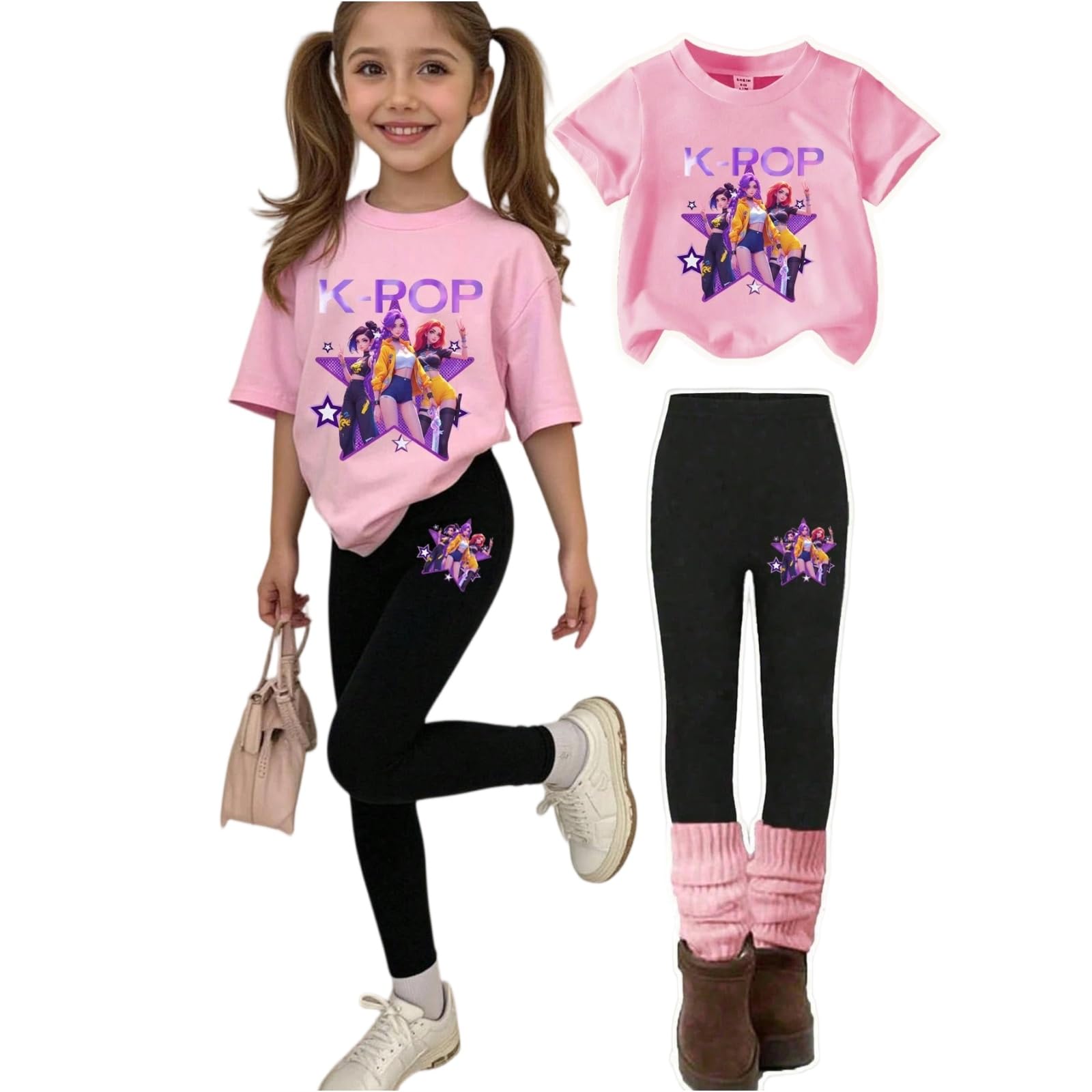 K Pop Short Sleeve T-Shirt and Pants Outfits Set for Girls Hunters Cute Girl's Anime Graphic Tees De-Mon Kids