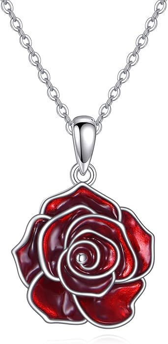 ONEFINTIY Flower Necklace 925 Sterling Silver Red Rose/Poppy Pendant Flower Jewellery Gifts For Women