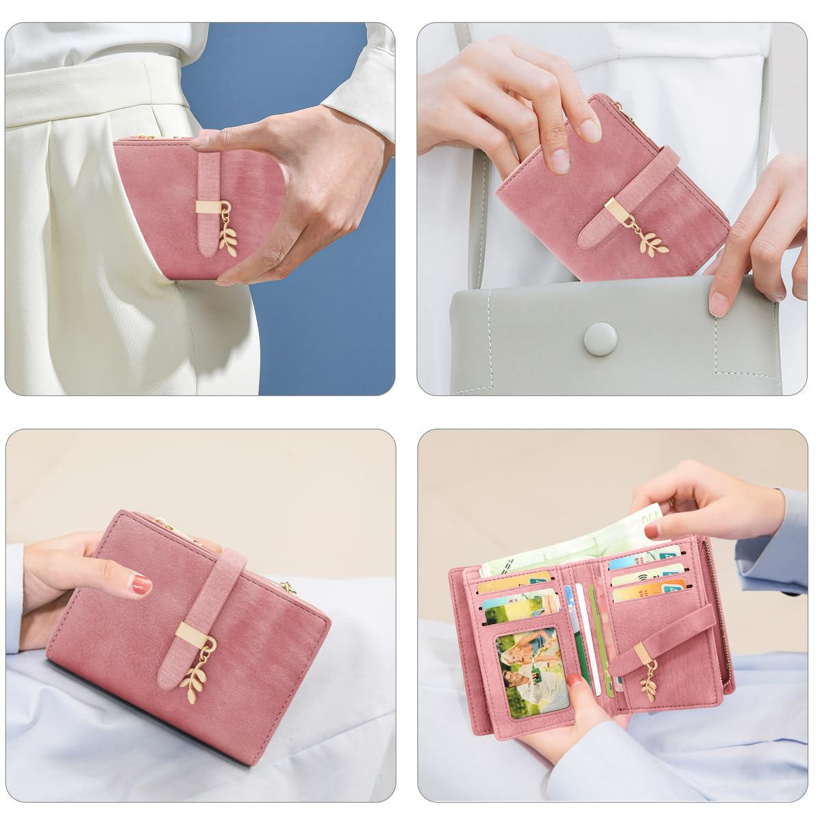 Portafoglio Donna Piccolo Portafogli Pelle PU RFID Blocco Elegante Corto Portamonete per donna con 17 Porta Carta di Credito Cerniera (Rosa)