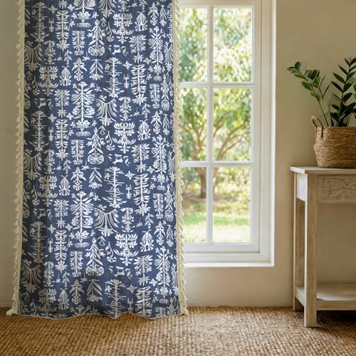 Image of Urban Space Boho Decorative Curtain for Window, 100% Cotton Curtain 5 Feet Long, 1 Piece Curtain with Tassels, 60-65% Room Darkening with Tieback and Eyelets (Twigs Indigo Blue, 5 Feet)