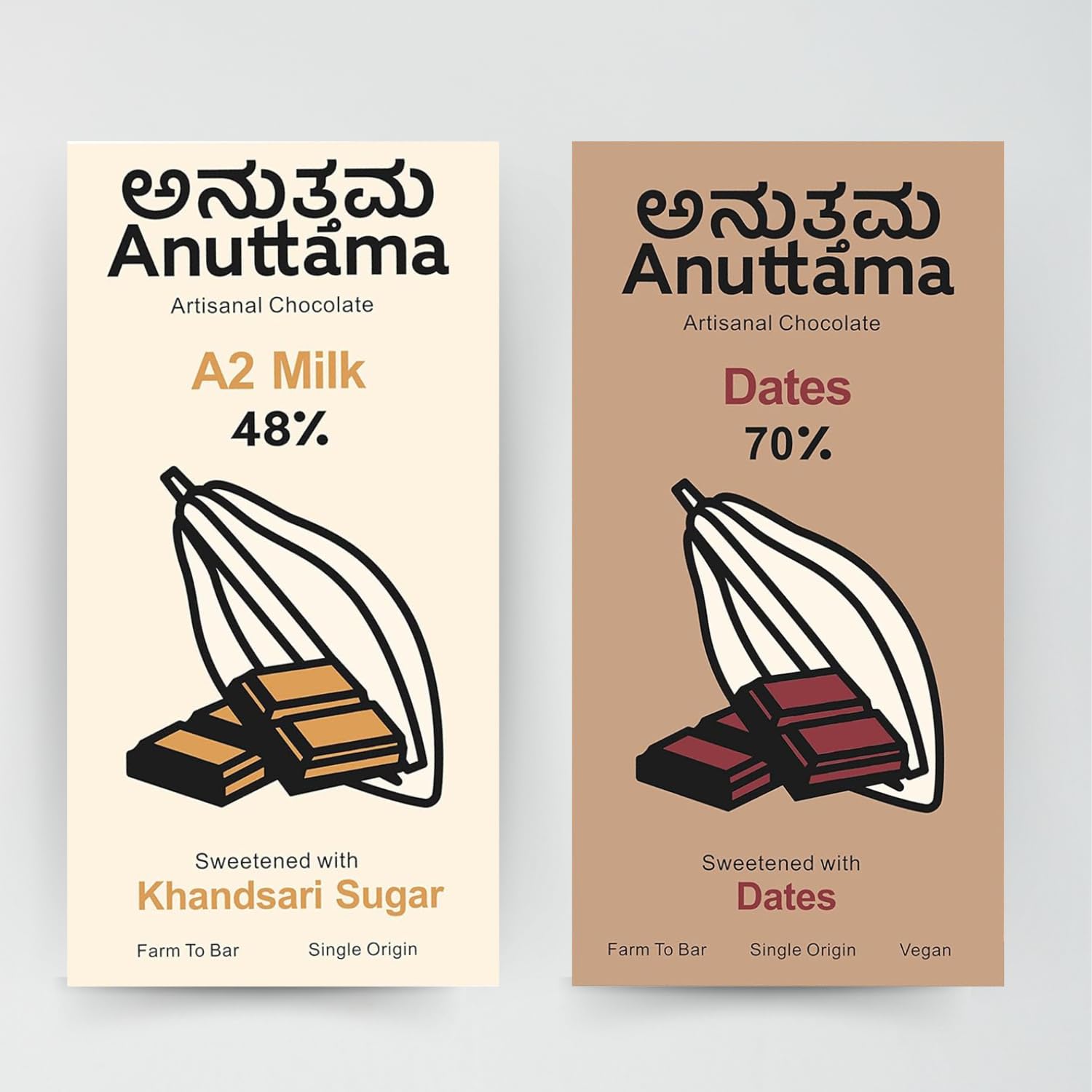 ANUTTAMA Dark Chocolate | 70% Cocoa & 48% Cocoa | Handmade Chocolate | Dark Chocolate Bar | No Artificial Flavours and Colors | Natural Chocolate Bar Combo of Dates & A2 Milk (2 x 50 grams)