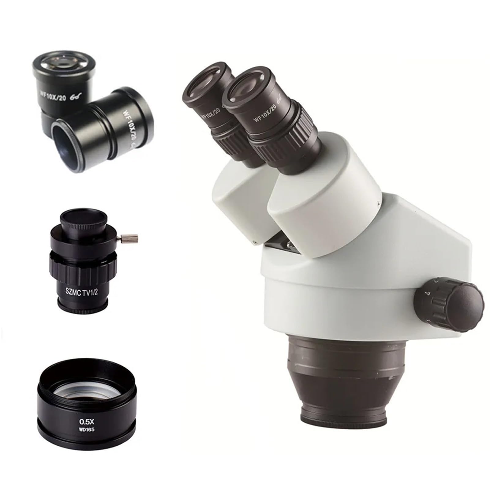 0.35X-45X Binocular Stereo Zoom Microscope Head with 10X Eyepieces, 0.5X CTV Adapter &amp; Auxiliary Objective for Enhanced Viewing