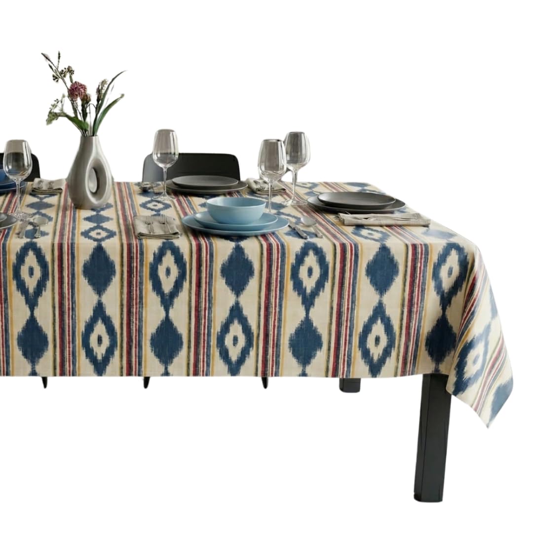 Jolee Tablecloths Wipe Clean PVC Tablecloth 140cmx200cm-Outdoor/Indoor Table Cloth Protector, Waterproof Summer Design, Easy Care Table Cover (Blue and Red Geometric Ikat)