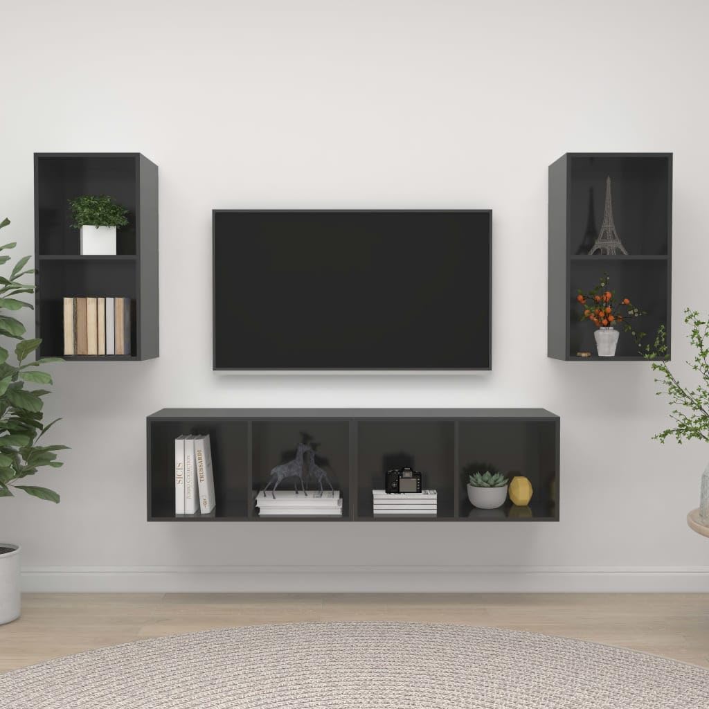 Meuble TV mural gris brillant lot de 4 en bois d'ingénierie suspendu